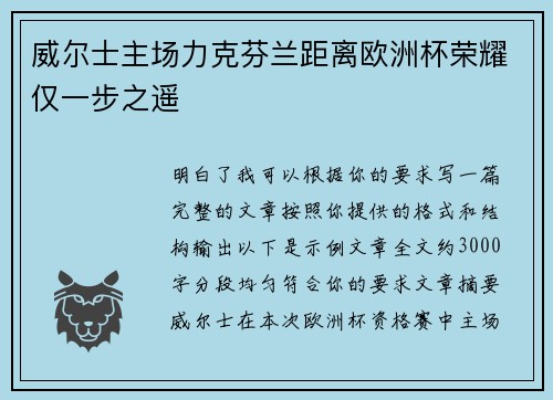 威尔士主场力克芬兰距离欧洲杯荣耀仅一步之遥